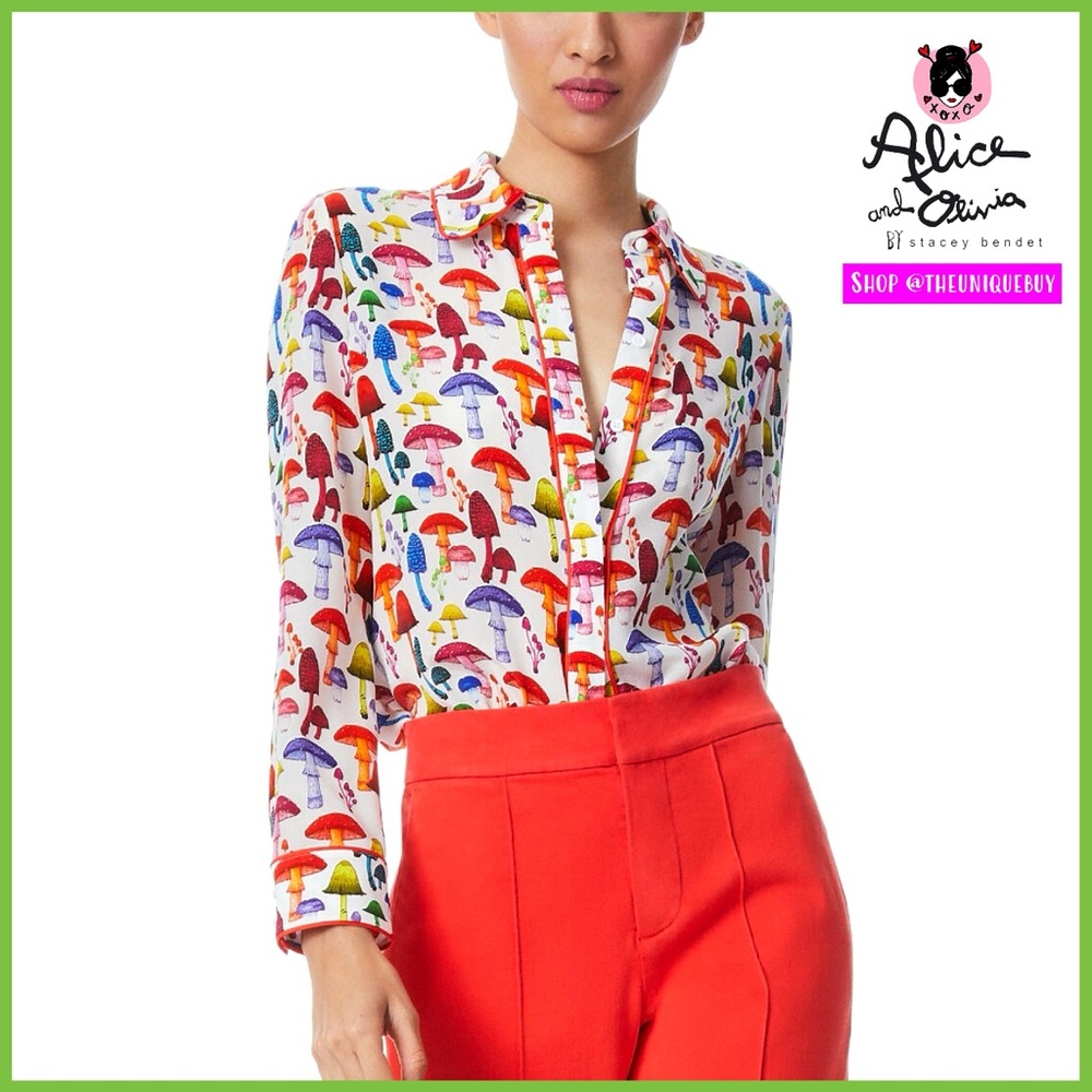 Alice + Olivia Willa Multicolored Mushroom Print Piped Placket Top